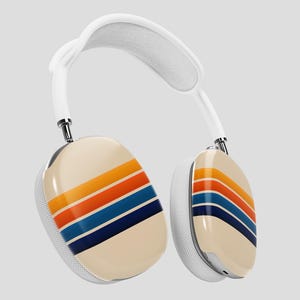 May include: Cream-colored over-ear headphones with a white headband and ear cushions. The earcups feature a retro design with orange, red, and blue stripes. The headphones have a modern, sleek design.