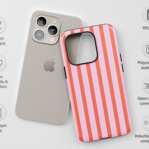 May include: A silver iPhone next to a pink and orange striped phone case. The case has a black border around the camera cutout. Features include impact resistance, extra durability, a dual-layer case, and induction charger compatibility.