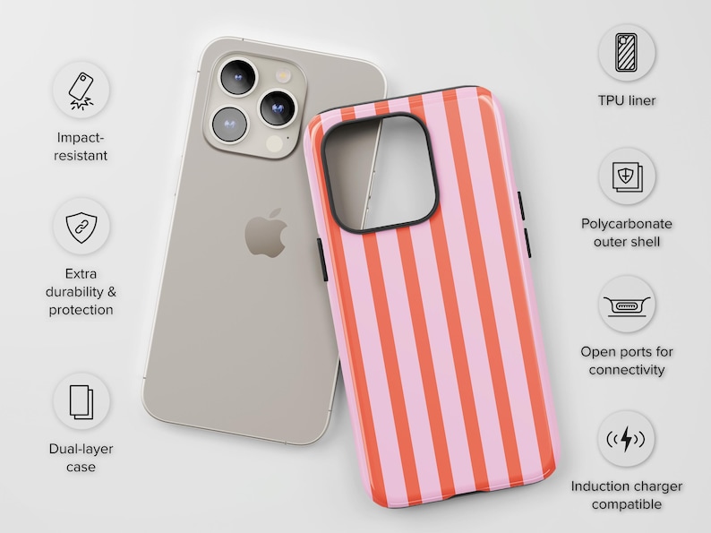 May include: A silver iPhone next to a pink and orange striped phone case. The case has a black border around the camera cutout. Features include impact resistance, extra durability, a dual-layer case, and induction charger compatibility.
