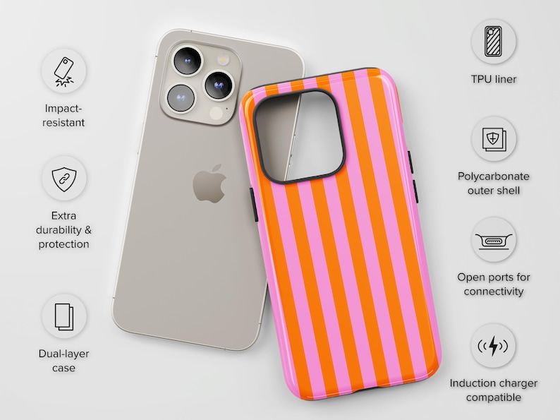 May include: A pink and orange striped phone case with a black border. The case is designed to protect a phone from impact and scratches. It is compatible with wireless charging.