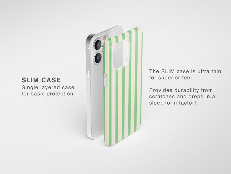 May include: A slim phone case with a vertical striped pattern in light green and off-white. The case is shown next to a silver phone. Text on the image reads "SLIM CASE" and "Single layered case for basic protection."