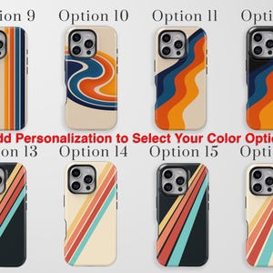 May include: Eight smartphone cases arranged in two rows, each featuring distinct graphic patterns including vertical stripes, wavy lines, and diagonal bands in various color palettes. The text Add Personalization to Select Your Color Option is centered.