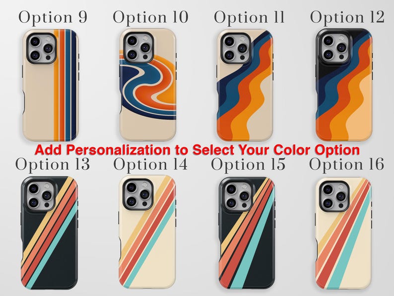May include: Eight smartphone cases arranged in two rows, each featuring distinct graphic patterns including vertical stripes, wavy lines, and diagonal bands in various color palettes. The text Add Personalization to Select Your Color Option is centered.