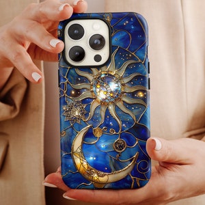 Celestial Stained Glass Print Phone Case: Moon & Stars Design for iPhone 17 + MagSafe, Pixel