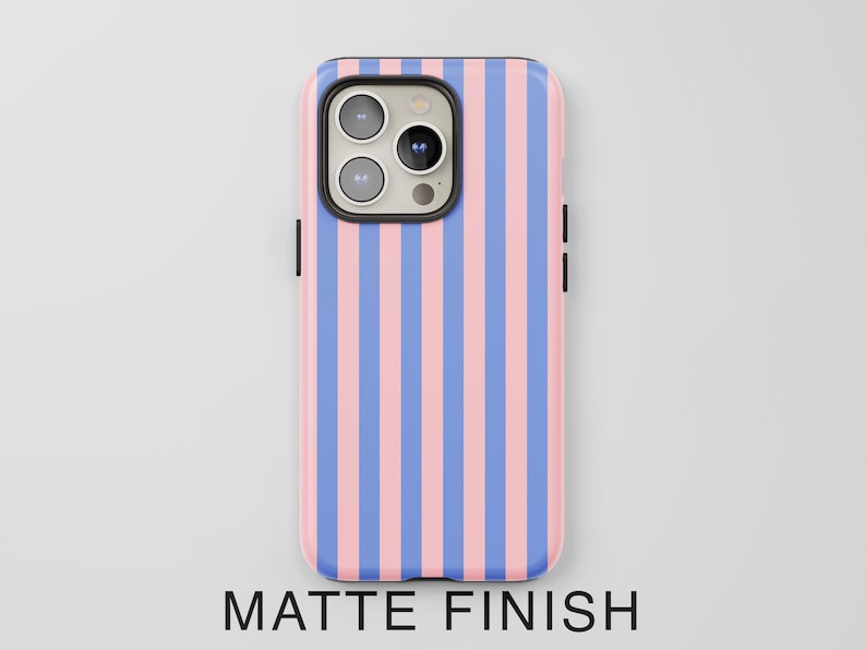 May include: A pink and blue striped phone case with a matte finish.