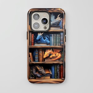 Bookish Dragons Phone Case: Faux Wood Bookshelf Design for iPhone + MagSafe, Pixel & Samsung Models