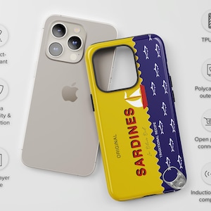 May include: A yellow and blue phone case with a sardine can design. The case features the text "ORIGINAL SARDINES" and "TRADITIONAL RECIPE". The case is compatible with wireless charging.