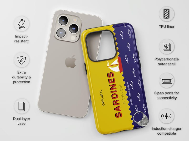 May include: A yellow and blue phone case with a sardine can design. The case features the text "ORIGINAL SARDINES" and "TRADITIONAL RECIPE". The case is compatible with wireless charging.
