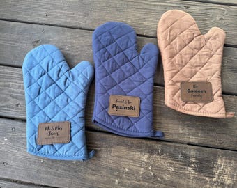 Custom Kitchen Oven Mitts Personalized Cooking Essentials - Mother’s Day gifts - Leather patch
