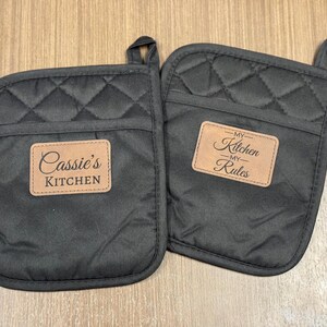 Customized Pot Mitt- Personalized Cooking Essentials - Birthday gift - Leather patch- Set of two!