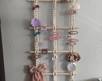 Organizador de pinzas de macramé / Soporte para pinzas de pelo de 3 columnas / Organizador de accesorios para el cabello de pared estilo bohemio / Almacenamiento de pinzas de pelo