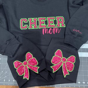 Cheer mom sweatshirt with bows | sequin side bows | puff embroidery