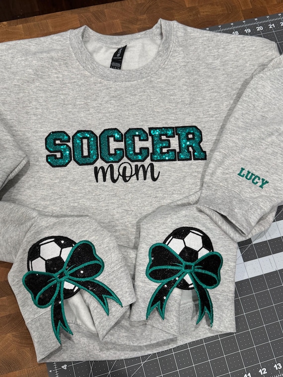 Soccer Mom Sweatshirt | Sequin Soccer Ball Bows, Embroidered