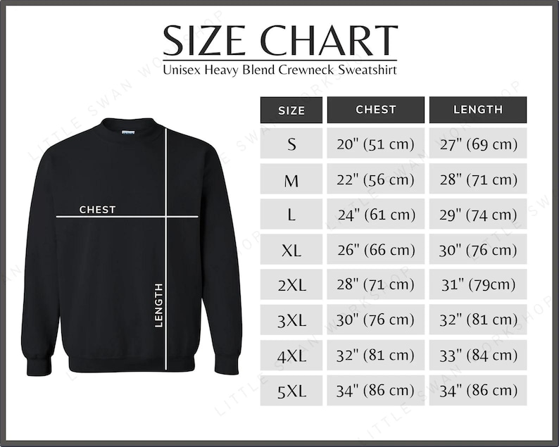 May include: A size chart for a unisex heavy blend crewneck sweatshirt. The graphic displays a black sweatshirt with white lines indicating chest and length measurements, alongside a table listing sizes S through 5XL with corresponding measurements in inches.
