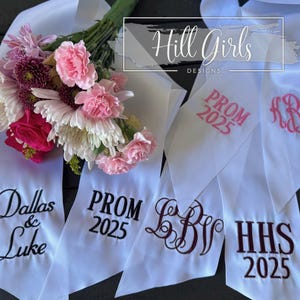 Embroidered bouquet satin sash | monogrammed prom bouquet ribbon |embroidered Homecoming bouquet sash | Homecoming bouquet
