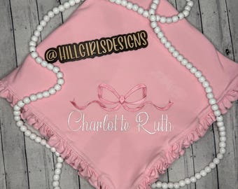 Embroidered Bow Ruffled Baby Blanket | Pink Cotton
