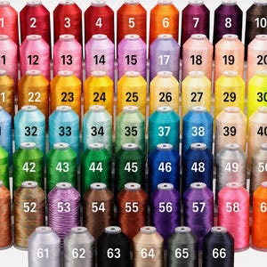 Puede incluir: Una colecci&oacute;n de sesenta y seis carretes cil&iacute;ndricos de hilo de bordar dispuestos en filas, cada uno etiquetado con un n&uacute;mero &uacute;nico del 1 al 66. Los carretes muestran un amplio espectro de colores s&oacute;lidos, incluyendo varios tonos de rojo, rosa, naranja, amarillo, verde, azul, morado, marr&oacute;n, gris y negro.
