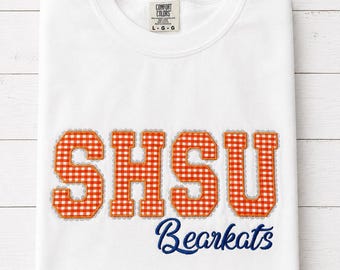 Letras de la escuela universitaria bordadas con encaje / Camiseta bordada de SHSU