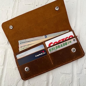 Cartera larga de cuero hecha a mano / Billetera con ranuras para tarjetas / Cartera delgada para hombres y mujeres / Cartera de motociclista vintage / Regalo para él o para ella