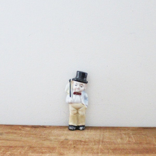 vintage 1950s Sweet Little Hobo Boy in Top Hat & Bow Tie Miniature Ceramic Figurine Figure // Made in Japan