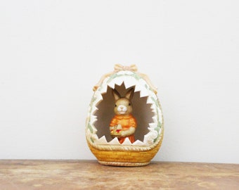vintage 80s Easter Bunny In Floral Basket Egg Ceramic Figurine  // Retro Spring Easter Decor
