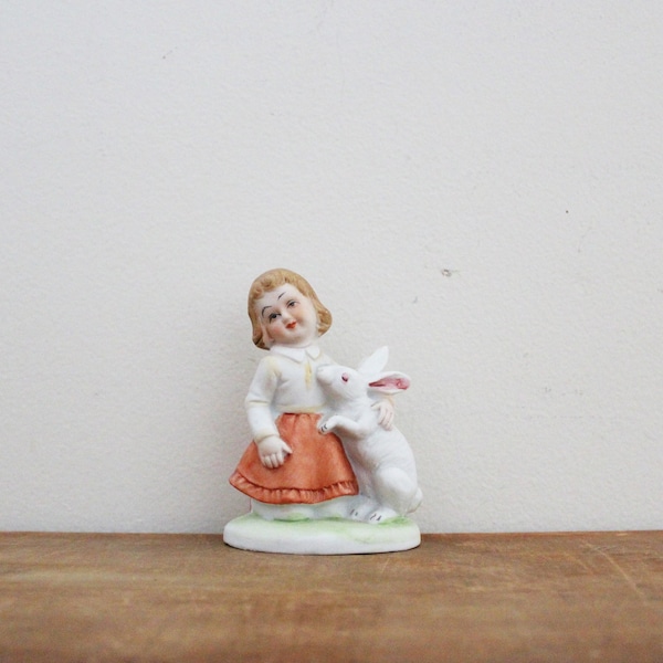 vintage 70s Creepy Little Girl & Her Bunny Just A Bit Strange Novelty Figurine // Bizarre But Charming Shelf Decor