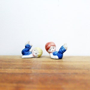 vintage 70s Miniature Boy & Girl Children Overalls Farmer Kids Laying Around Cute Ceramic Figurine