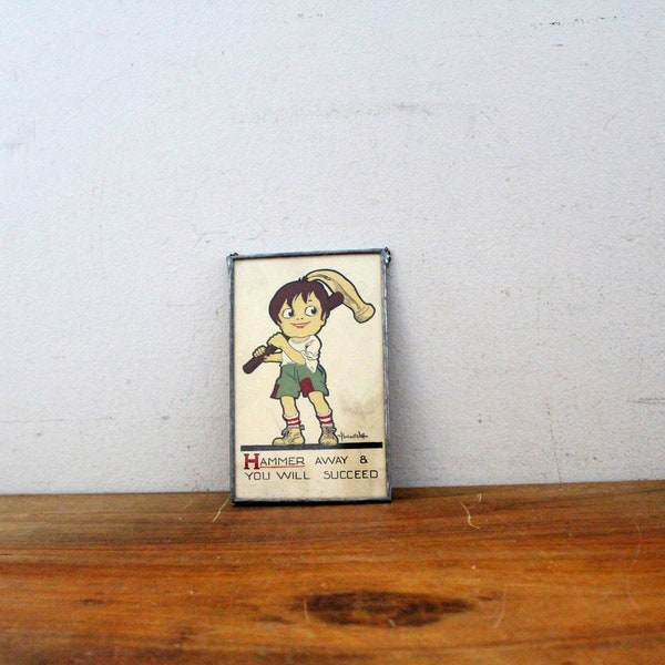vintage 1918 Framed Post Card Cute Boy Hammer Away & You Will Succeed Novelty Humor Wall Hanging Picture