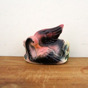 vintage 50s Sweet Little Pink Swan in Reeds Figural Flower Planter