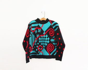 vintage 80's Black Red & Teal Flowers Swirls Geometric Novelty Sweater Novelty Jumper Size XS S