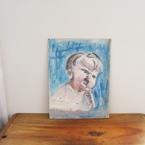 vintage 70s Creepy Baby Student Art Oil Painting // Oil on Board // Disturbing OOAK Halloween Décor