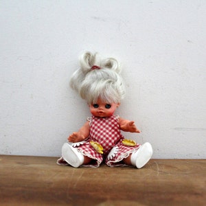 vintage 60s Fuga Italy Platinum Blonde Little Girl Sleeping Eyes Doll In Gingham Jumpsuit with Flowers