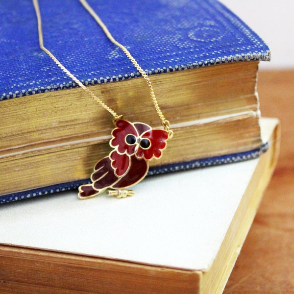 vintage 70s Cutest Little Red & Maroon Owl Pendant and Necklace