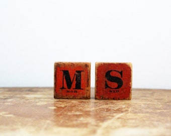 antique 1920s Ms or Md Red Wooden Letter Childs Blocks // Retro Primitive Decor