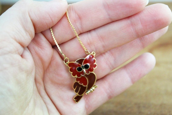 vintage 70s Cutest Little Red & Maroon Owl Pendan… - image 5