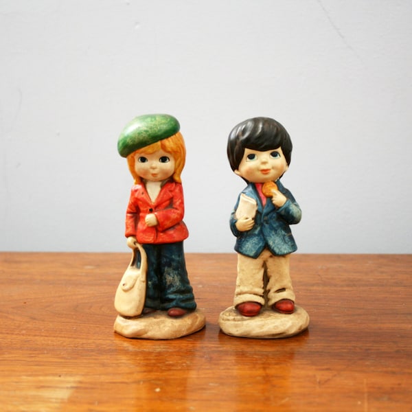 vintage 70s Big Eyed Boy & Girl Bell Bottom Kids Kitsch Figurines // Retro Room Decor