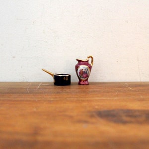 vintage 70s Limoges Castel France Cobalt Blue Cooking Pot & Decorated Pitcher 22K Miniature Figures Figurines Porcelain