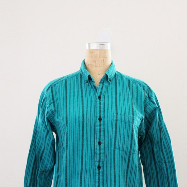 vintage 90s BOYS Size Teal Emerald Green Striped Unisex Guys or Gals Button Down Shirt XS // by Badge Boys