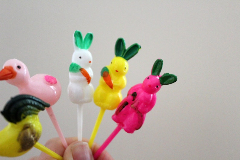 vintage 50s Instant Collection 5 Colorful Easter Bunny Ducks Chicks Plastic Cupcake Cake Toppers Retro Spring Easter Decor