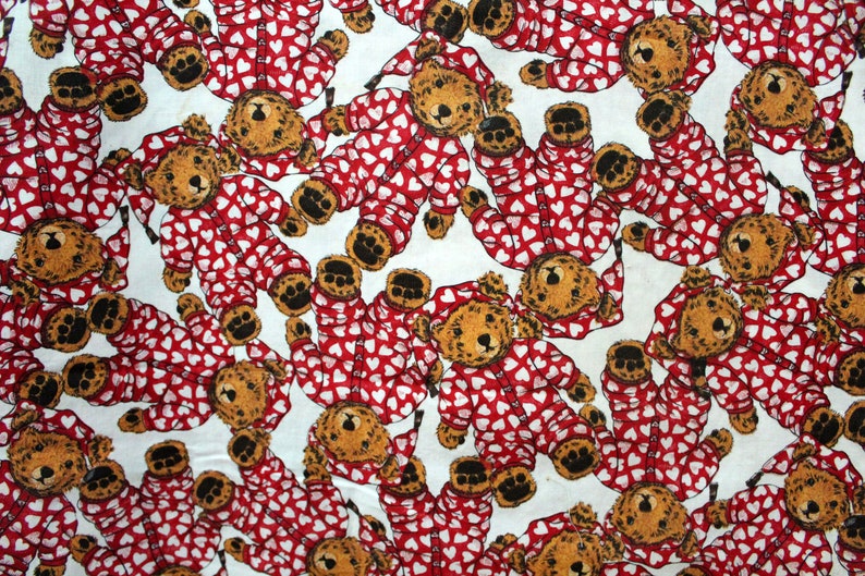 AS IS vintage 90s Joe Boxer Sweetie Pie Bear Teddy in Pajamas Hearts Novelty Print Cotton Quilting Crafting Fabric 44W