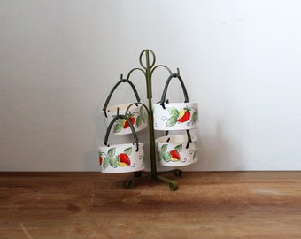 vintage 60s Hand Painted Strawberry Japan Ceramic Nut & Snack Set with Green Metal Stand