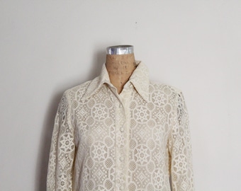 vintage 70's Chessa Davis Ivory Off White Star Circle Lace Overlay Button Down Ladies Blouse M L