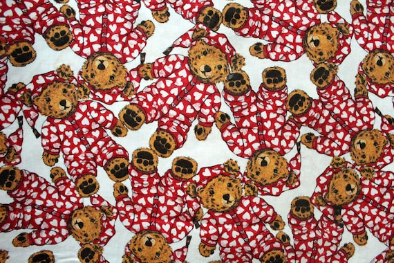 AS IS vintage 90s Joe Boxer Sweetie Pie Bear Teddy in Pajamas Hearts Novelty Print Cotton Quilting Crafting Fabric 44W