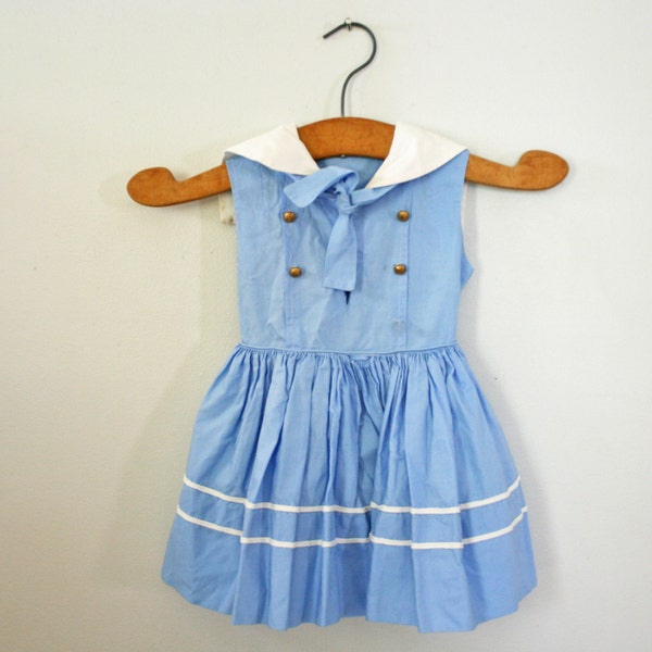 vintage 60s Little Girls Baby Blue and White Nautical Sailor Dress with Ascot