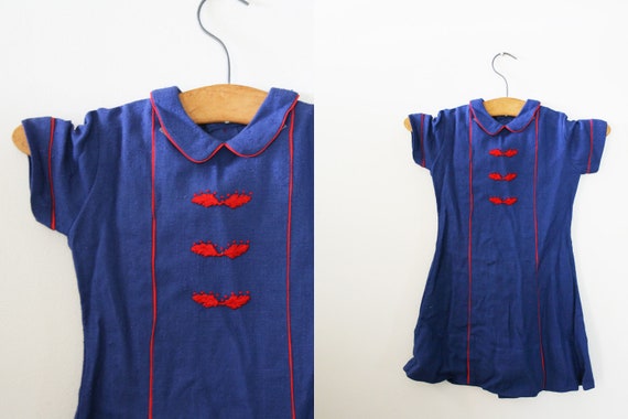 vintage 60s Childrens Girls Navy Blue and Red Maj… - image 1