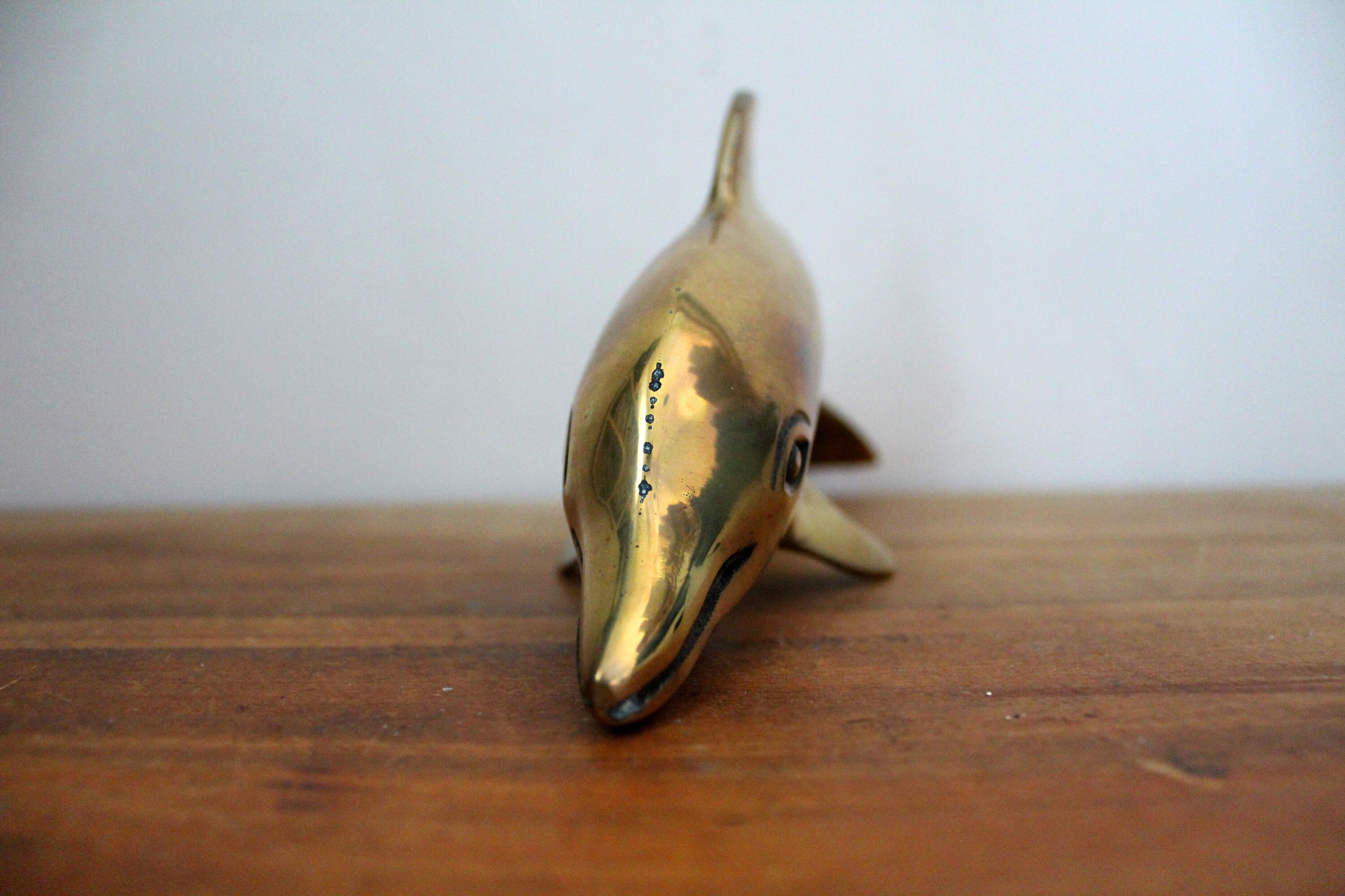 vintage 70s Brass Swimming Dolphin Figure Figurine // Retro Beach House Nautical Decor