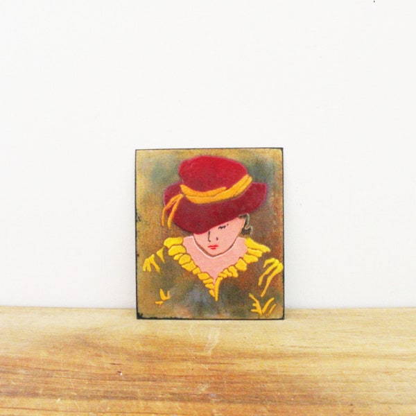 vintage 70s Enamel on Copper Lady in the Red Hat Small Rectangular Wall Hanging Décor