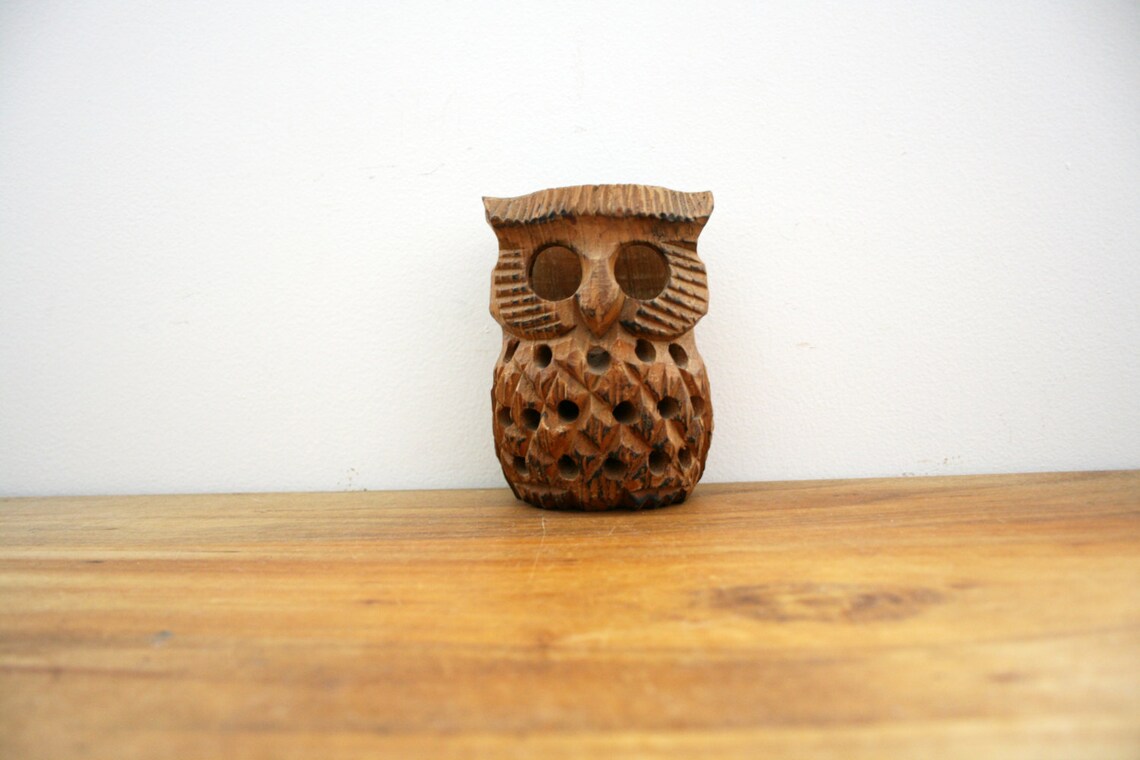 Vintage 70s Carved Wooden Owl Candle Holder // Tea Light Etsy