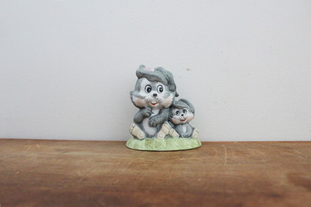 Vintage 70s Super Derpy Gray Bunny Rabbit Mom & Baby Figurine // Retro ...