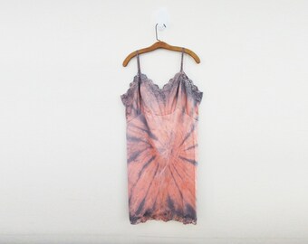 vintage 60s Festival Slip vestido reciclado a mano teñida Coral rosa & Smokey gris tie dye tamaño XL